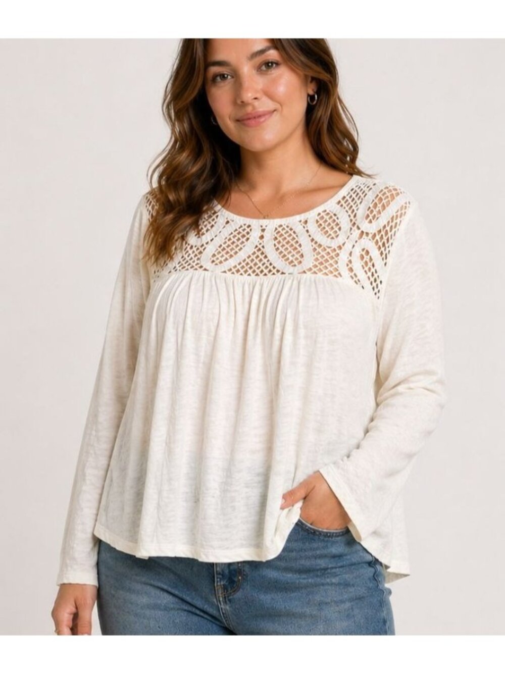 GAP Women's XL White Crochet Lace Yoke Peasant Boho Blouse Long Sleeve Cotton